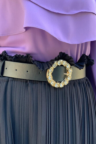 9059 Leather Stone Belt Black - Bym Fashion