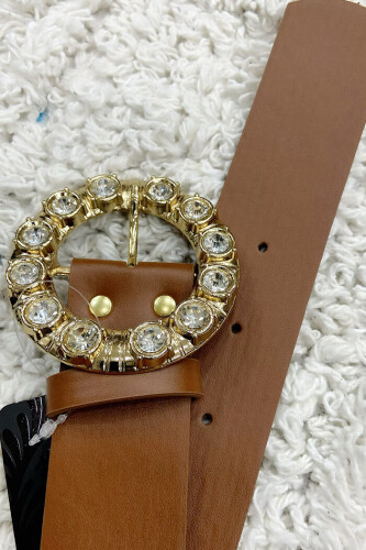 9059 Leather Stone Belt Taba - Bym Fashion