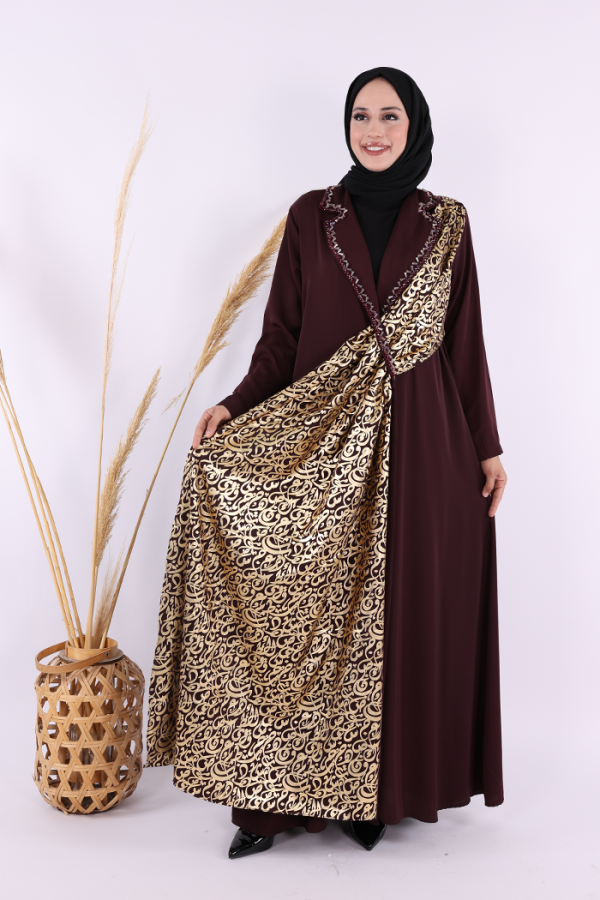 Arapça Harf Baskı Detaylı Abaya 70015 Bordo - 1