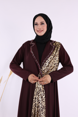 Arapça Harf Baskı Detaylı Abaya 70015 Bordo - 6