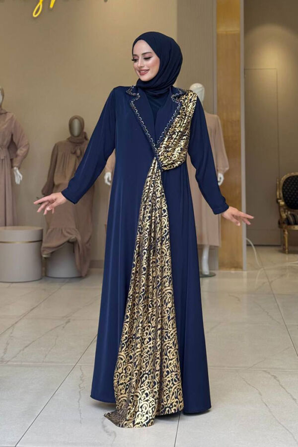 Arapça Harf Baskı Detaylı Abaya 70015 Lacivert - 1