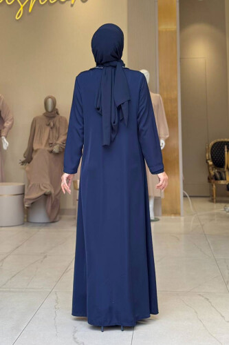 Arapça Harf Baskı Detaylı Abaya 70015 Lacivert - 2