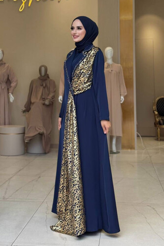 Arapça Harf Baskı Detaylı Abaya 70015 Lacivert - 3