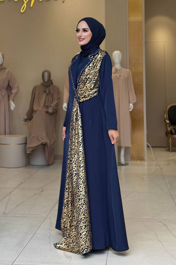 Arapça Harf Baskı Detaylı Abaya 70015 Lacivert - 3