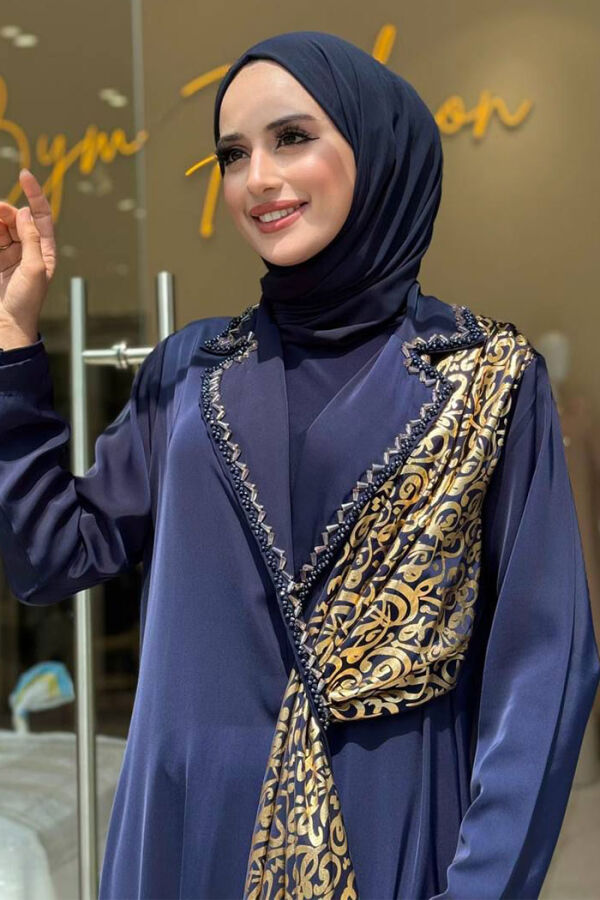 Arapça Harf Baskı Detaylı Abaya 70015 Lacivert - 4