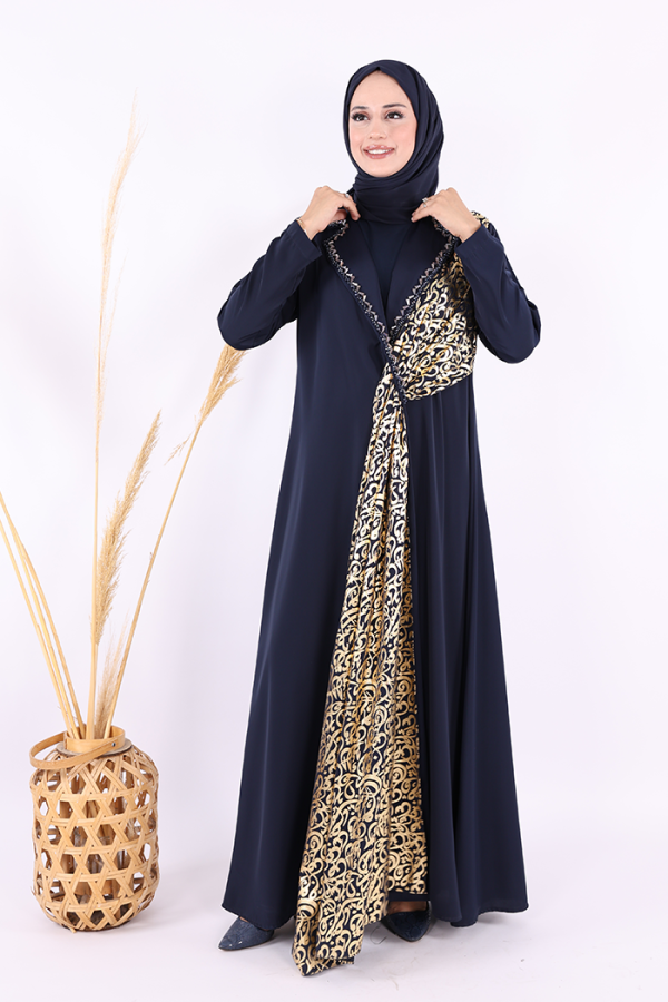 Arapça Harf Baskı Detaylı Abaya 70015 Lacivert - 1