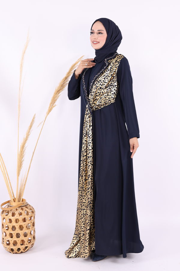 Arapça Harf Baskı Detaylı Abaya 70015 Lacivert - 3