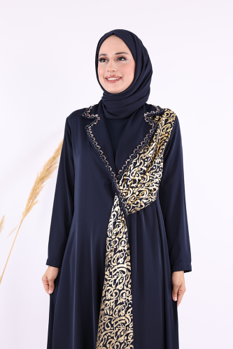 Arapça Harf Baskı Detaylı Abaya 70015 Lacivert - 6