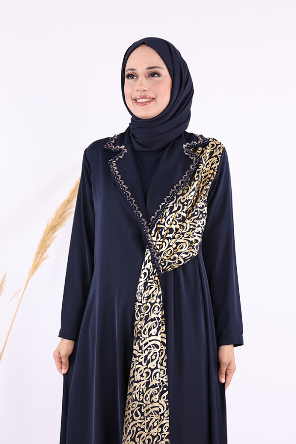 Arapça Harf Baskı Detaylı Abaya 70015 Lacivert - 6