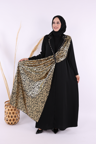 Arapça Harf Baskı Detaylı Abaya 70015 Siyah - 1
