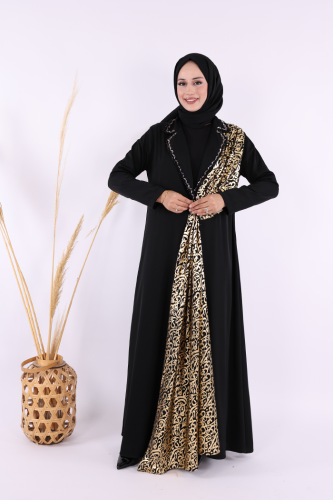 Arapça Harf Baskı Detaylı Abaya 70015 Siyah - 2