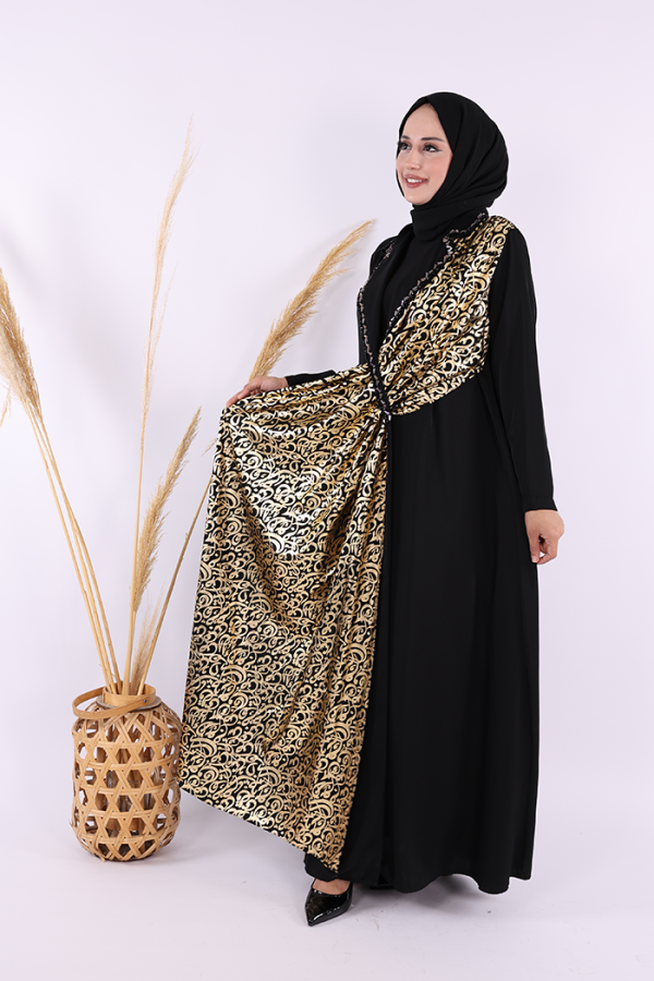 Arapça Harf Baskı Detaylı Abaya 70015 Siyah - 3