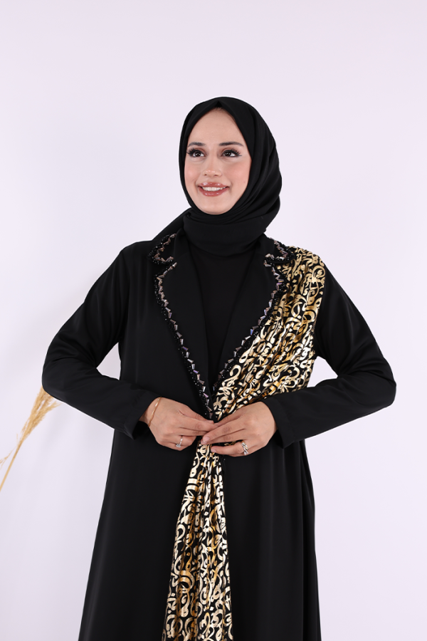 Arapça Harf Baskı Detaylı Abaya 70015 Siyah - 5
