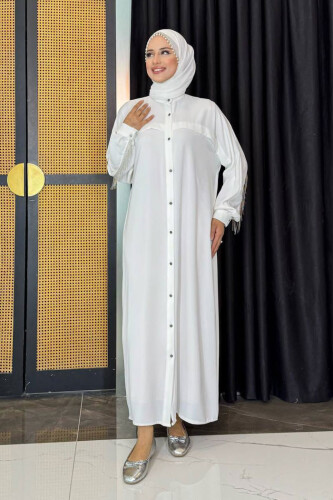 Arkası Zincir Püskül Detay Boydan Düğmeli Yarasakol Ferace 7822 Ekru - Bym Fashion