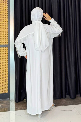 Arkası Zincir Püskül Detay Boydan Düğmeli Yarasakol Ferace 7822 Ekru - Bym Fashion (1)