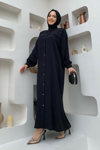 Arkası Zincir Püskül Detay Boydan Düğmeli Yarasakol Ferace 7822 Siyah - Bym Fashion (1)