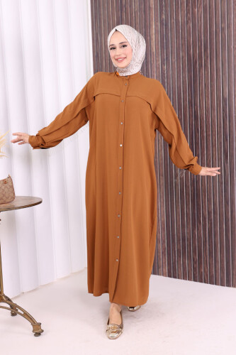 Arkası Zincir Püskül Detay Boydan Düğmeli Yarasakol Ferace 7822 Taba - 6