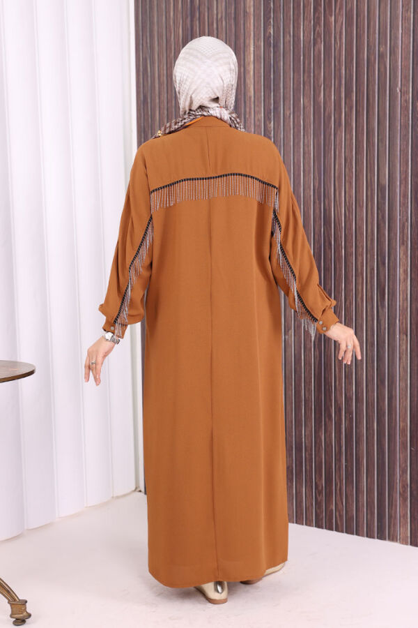 Arkası Zincir Püskül Detay Boydan Düğmeli Yarasakol Ferace 7822 Taba - 7