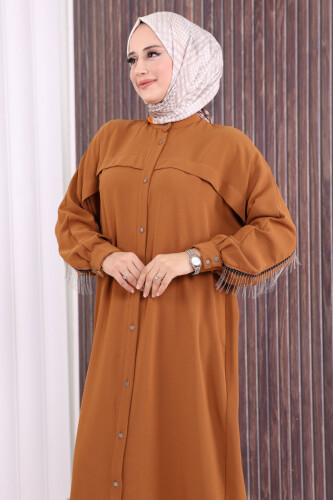 Arkası Zincir Püskül Detay Boydan Düğmeli Yarasakol Ferace 7822 Taba - 9