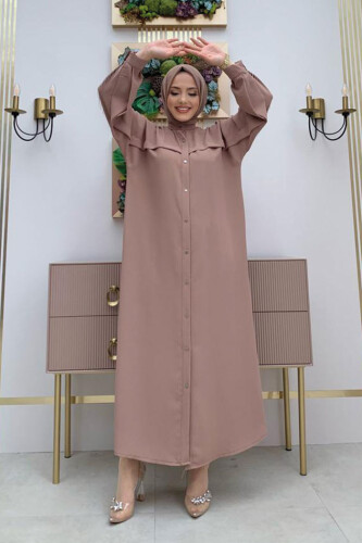 Arkası Zincir Püskül Detay Boydan Düğmeli Yarasakol Ferace 7822 Vizon - Bym Fashion