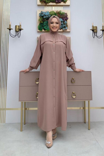 Arkası Zincir Püskül Detay Boydan Düğmeli Yarasakol Ferace 7822 Vizon - Bym Fashion (1)