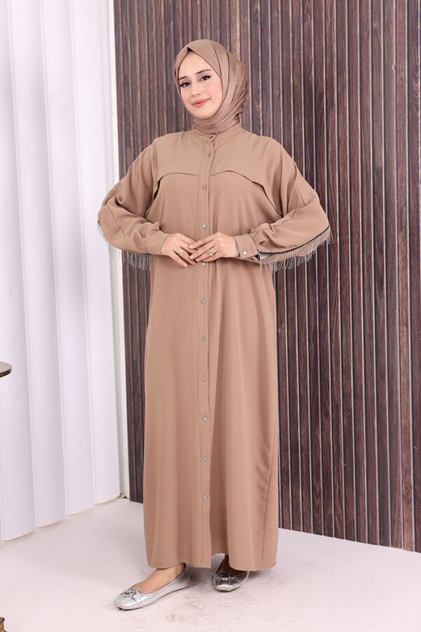 Arkası Zincir Püskül Detay Boydan Düğmeli Yarasakol Ferace 7822 Vizon - 5