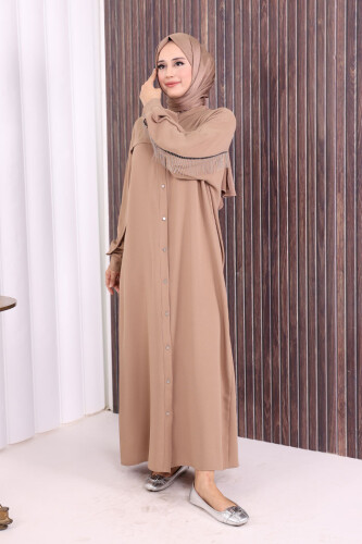 Arkası Zincir Püskül Detay Boydan Düğmeli Yarasakol Ferace 7822 Vizon - 6