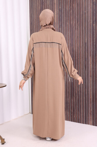 Arkası Zincir Püskül Detay Boydan Düğmeli Yarasakol Ferace 7822 Vizon - 7