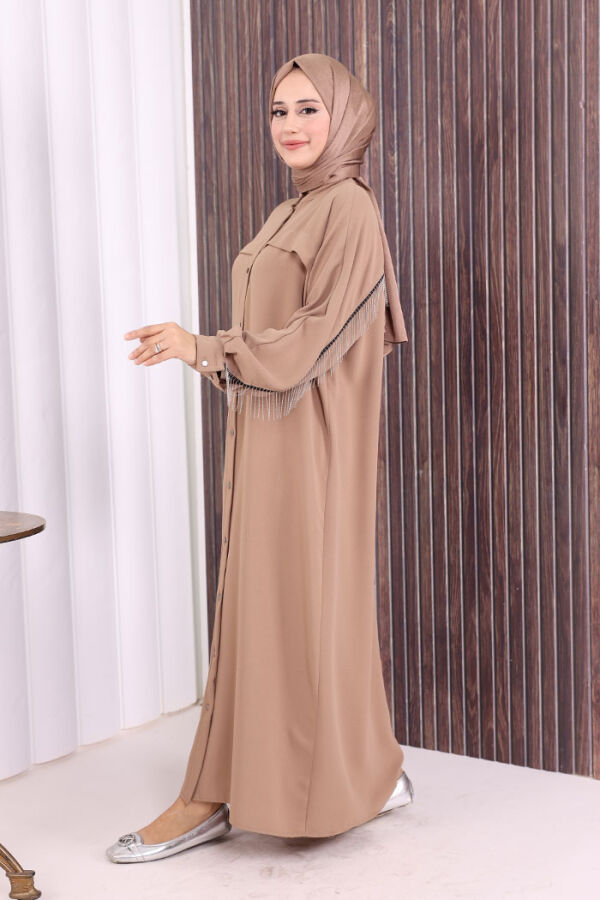 Arkası Zincir Püskül Detay Boydan Düğmeli Yarasakol Ferace 7822 Vizon - 8