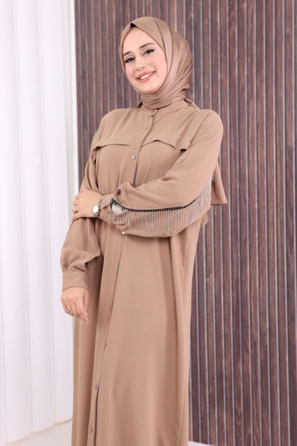 Arkası Zincir Püskül Detay Boydan Düğmeli Yarasakol Ferace 7822 Vizon - 9