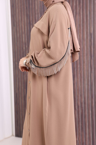 Arkası Zincir Püskül Detay Boydan Düğmeli Yarasakol Ferace 7822 Vizon - 10