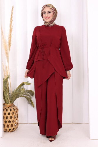 Asimetrik Kesim Tunik Pantolon İkili Takım 8694 Bordo - 5