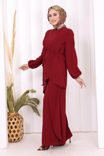Asimetrik Kesim Tunik Pantolon İkili Takım 8694 Bordo - 6