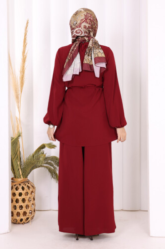 Asimetrik Kesim Tunik Pantolon İkili Takım 8694 Bordo - 8