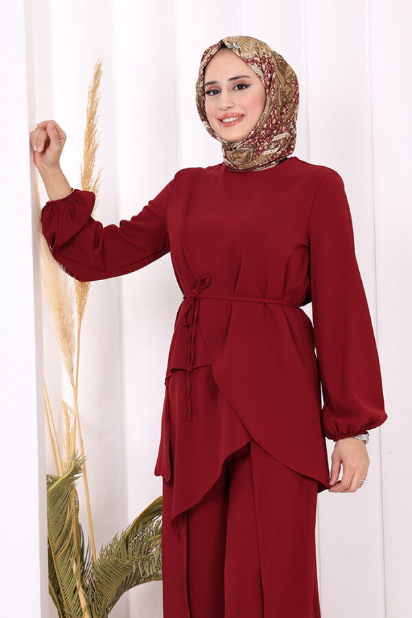 Asimetrik Kesim Tunik Pantolon İkili Takım 8694 Bordo - 9