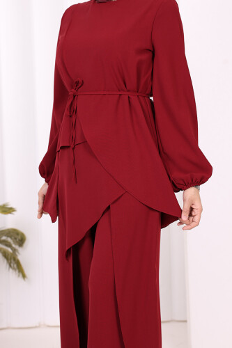 Asimetrik Kesim Tunik Pantolon İkili Takım 8694 Bordo - 10