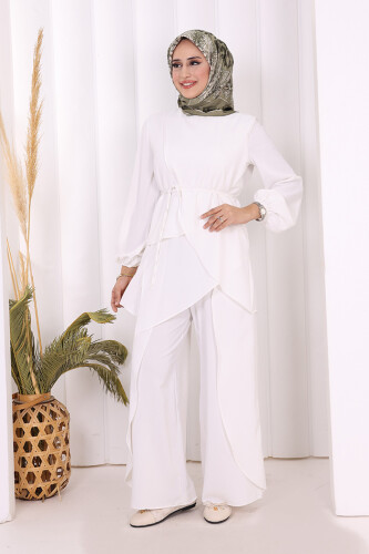 Asimetrik Kesim Tunik Pantolon İkili Takım 8694 Ekru - 5