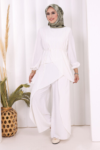 Asimetrik Kesim Tunik Pantolon İkili Takım 8694 Ekru - 6
