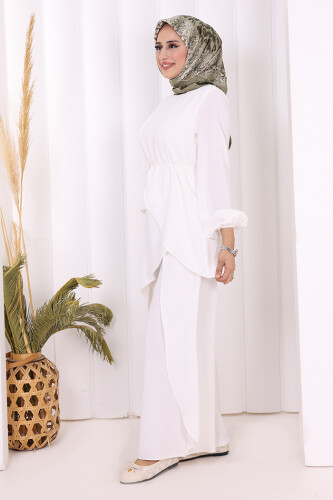 Asimetrik Kesim Tunik Pantolon İkili Takım 8694 Ekru - 7