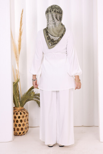 Asimetrik Kesim Tunik Pantolon İkili Takım 8694 Ekru - 8