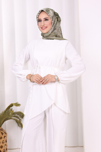 Asimetrik Kesim Tunik Pantolon İkili Takım 8694 Ekru - 9