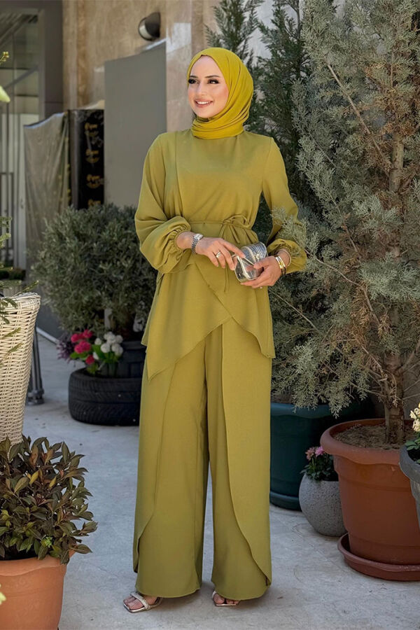 Asimetrik Kesim Tunik Pantolon İkili Takım 8694 Yağ Yeşili - 1
