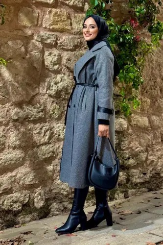 Astarlı Deri Detay Bel Kuşaklı Kaşe Kaban 7868 Gri - Bym Fashion (1)