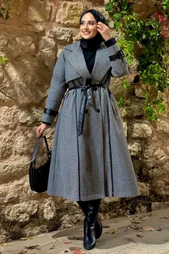 Astarlı Deri Detay Bel Kuşaklı Kaşe Kaban 7868 Gri - 1