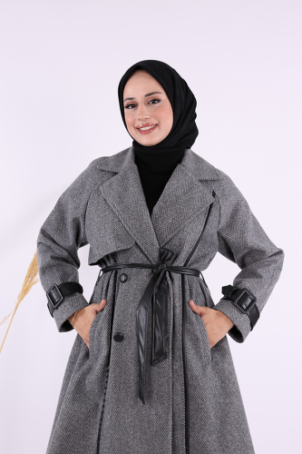 Astarlı Deri Detay Bel Kuşaklı Kaşe Kaban 7868 Gri - 4