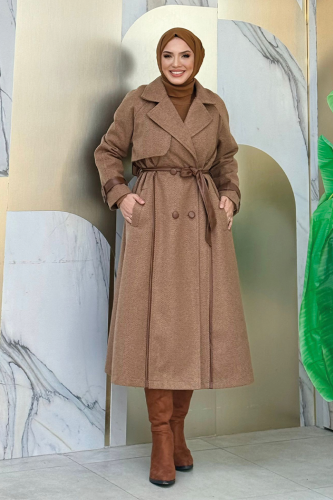 Astarlı Deri Detay Bel Kuşaklı Kaşe Kaban 7868 Kahverengi - Bym Fashion