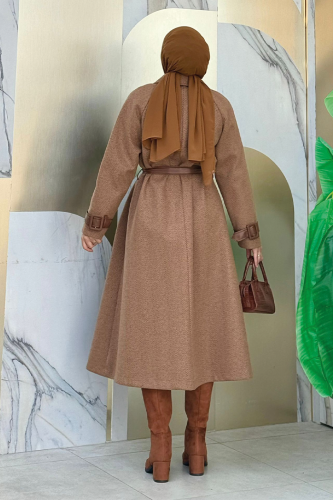 Astarlı Deri Detay Bel Kuşaklı Kaşe Kaban 7868 Kahverengi - Bym Fashion (1)