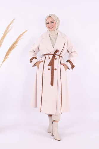 Astarlı Deri Detay Bel Kuşaklı Kaşe Kaban 7868 Taş - Bym Fashion