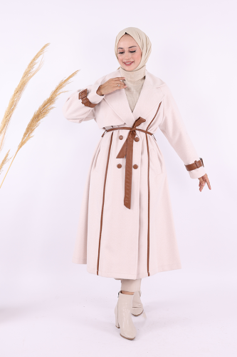 Astarlı Deri Detay Bel Kuşaklı Kaşe Kaban 7868 Taş - Bym Fashion (1)