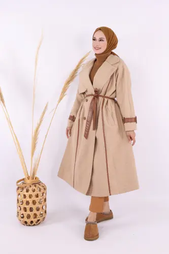 Astarlı Deri Detay Bel Kuşaklı Kaşe Kaban 7868 Vizon - Bym Fashion (1)